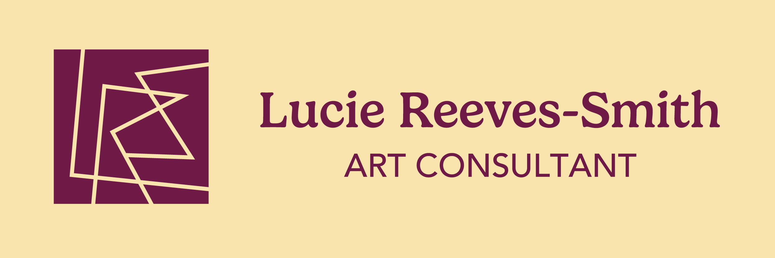 Logo by PenlineGraphicDesign, burgandy stamp on yellow background, reads: Lucie Reeves-Smith, art consultant.