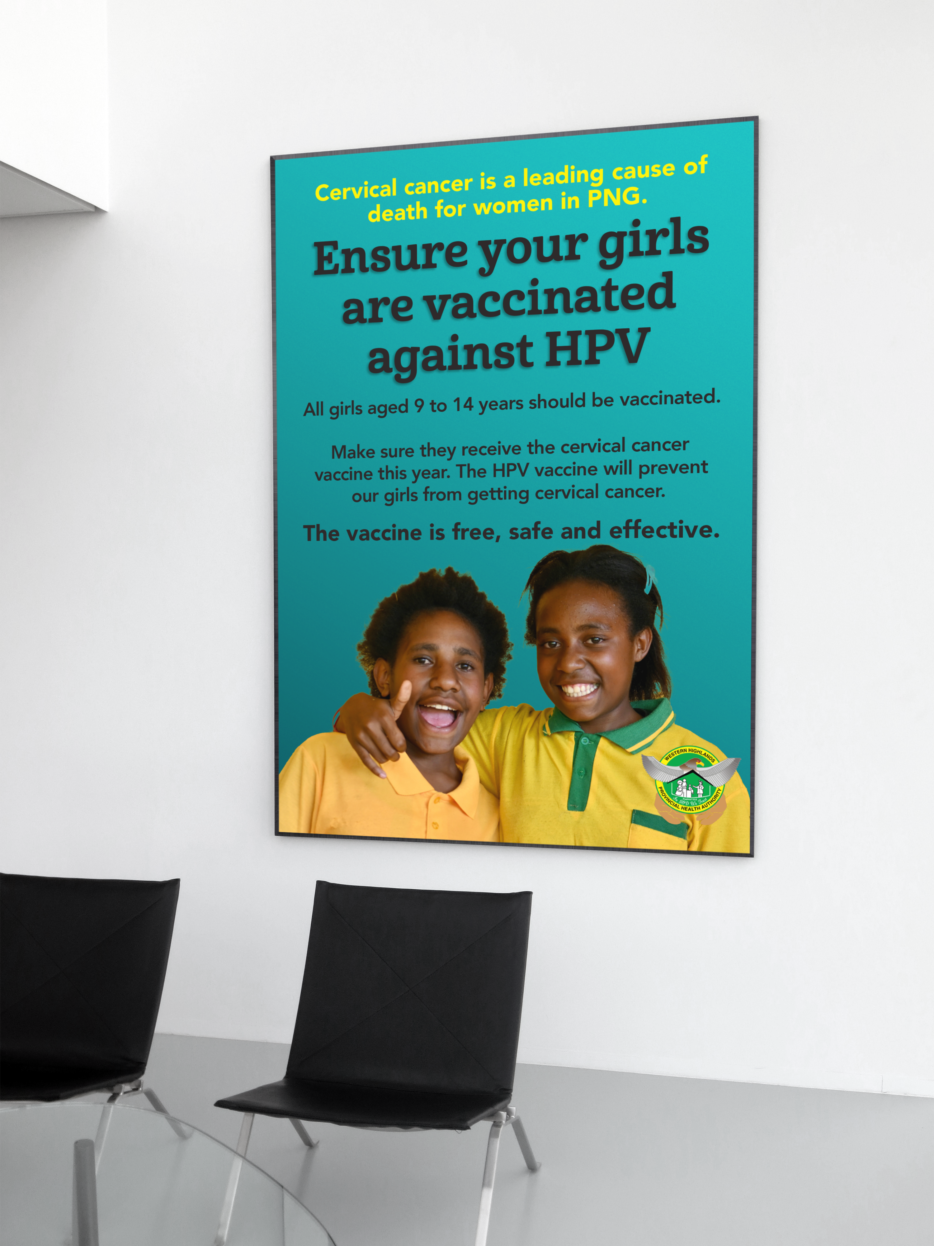 A HPV vaccine promotional poster featuring two smiling girls and a teal background