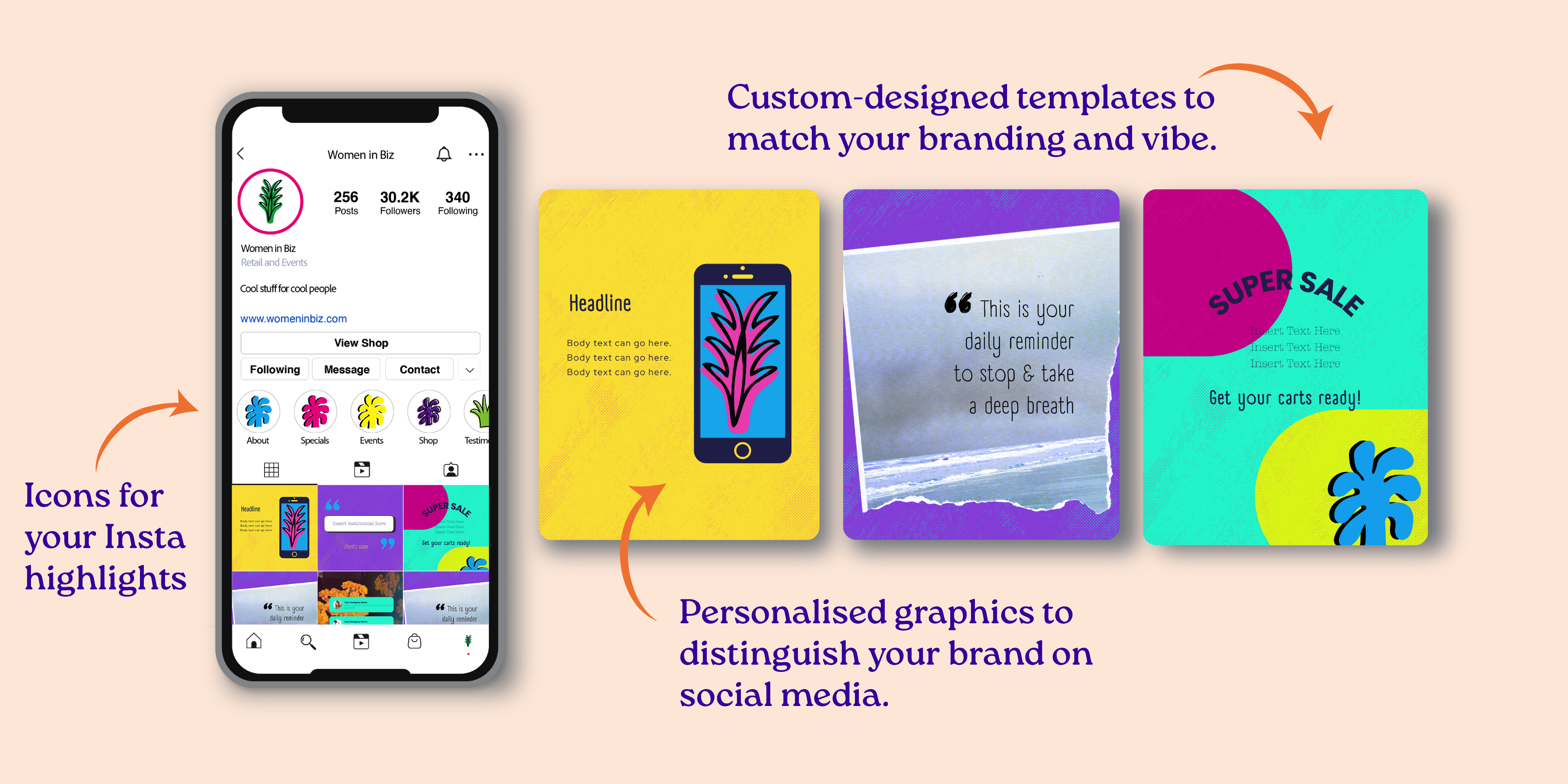 Instagram Mockup with 3 posts_Arrows A graphic designed by Penline Graphic Design, showcasing three instagram templates in bright colours and a mockup of a phone displaying an Instagram profile.